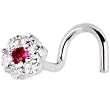 Solid 14KT White Gold Red CZ Flower Nose Screw Ring