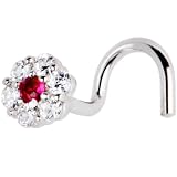 Solid 14KT White Gold Red CZ Flower Nose Screw Ring