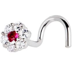 Solid 14KT White Gold Red CZ Flower Nose Screw Ring