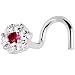 Solid 14KT White Gold Red CZ Flower Nose Screw Ring
