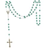 Rosary - Silver Toned Cross and Emerald Glass Bead Rosary for May Birthday Birthstones