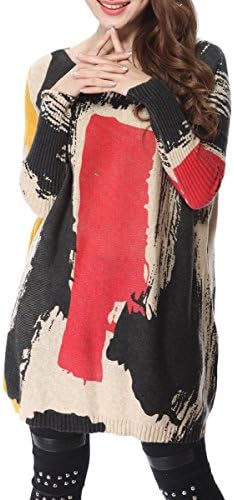 Tianque Women Baggy Doodles Print Knit Pullover Dress Onesize SZ45 Beige single