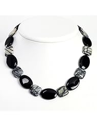 Sterling Silver 17in Black Agate & Zebra Jasper Necklace. Metal Wt- 2.53g