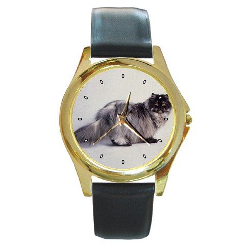 Persian Cat Black Smoke Round Gold Metal Watch