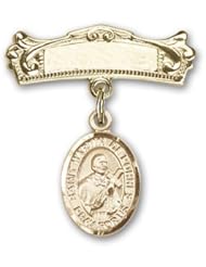 14K Gold Baby Badge with St. Martin de Porres Charm and Arched Polished Badge Pin