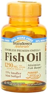 Sundown Naturals Naturals Odorless Premium Omega-3 Fish Oil, 72 Softgels