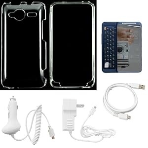 Protective Two Piece Transparent Crystal Clear Hard Case Cover for Sprint HTC EVO Shift 4G Wireless Mobile Phone + Mirror Screen Protector + White Rapid Travel Wall Charger with IC Chip + White Rapid Car Charger with IC Chip + Micro USB Data Cable Cord