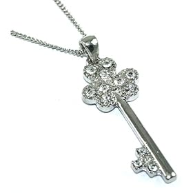 HOT Iced Clover Key Charm Necklace Silver Tone