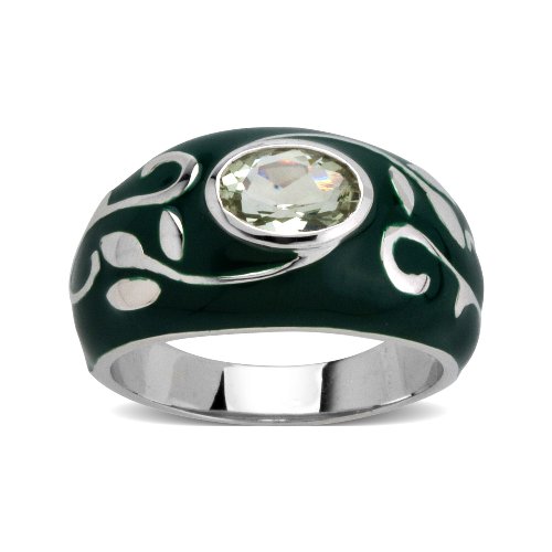 Sterling Silver Green Amethyst with Green Enamel Womens Ring, Size 9