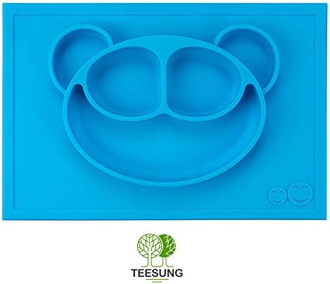 Silicone Baby Feeding Placemat - Portable, BPA-Free Dinnerware Dish with Cute Happy Monkey Design by TEESUNG- Warm Food Holder for Toddlers, Kids, Babies & Children Plates - Blue