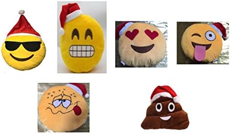 Set of 6 Santa Hat Emoji Pillows 12.5 Inch Large Yellow Smiley Emoticon - Cool Glasses, Wink Tounge Out Cheeky, Heart Eyes, Grin, Buzzed and Poop all with Santa Hat Collection.