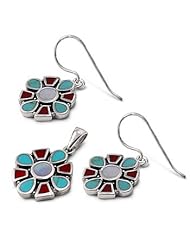 Sterling Silver Multicolored Turquoise Tribal Flower Earring Pendant Set