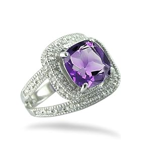 Purple Cushion Cut & White Round CZ Antique Ring In Sterling Silver In