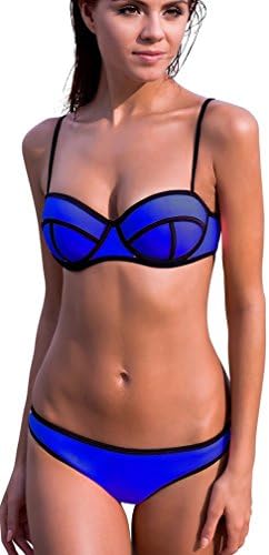 Rivoria Women's NEON Triangle Bandage Push Up Bikini Top &amp; Bottom Set (Small, Dark Blue)