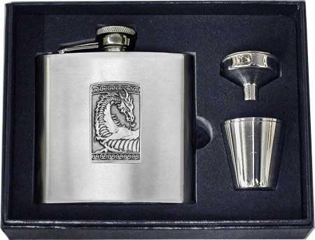 6oz "Gothic Celtic Dragon" Heavy Gauge Premium Satin Flask &amp; Funnel/Cups Gift Set