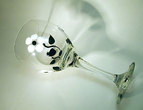 Hand Painted Black and White Posies Wine Goblet