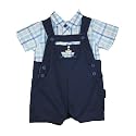 Petit Ami Newborn Boys 2pc Navy Blue Tugboat Shortall Set, 9M
