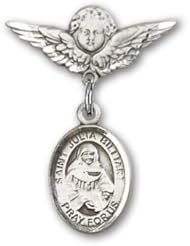 Sterling Silver Baby Badge with St. Julia Billiart Charm and Angel with Wings Badge Pin