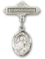 Sterling Silver Baby Badge with St. Martin de Porres Charm and Godchild Badge Pin