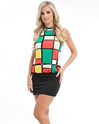 Checkered Print Turtleneck Sleeveless Banding Polyester Mini Dress 