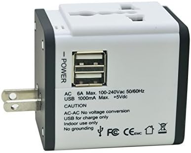 All In One International Travel Power Plug Adapter Charger (Covers More Than 150 Countries with US/EU/UK/AU Plugs)with Double USB Charger for Cell Phone (white)