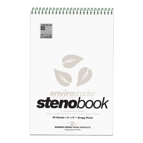 ROARING SPRINGEnviroshades Colored Steno Books, 4 Pack of Memo Pads, Recycled Gray Paper, 6" x 9", 80 Sheets, Gregg Ruled, Perforated, Wirebound, Heavy Chipboard Back