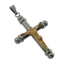 Stainless Steel Silver & Gold Tone Cross & Jesus Pendant