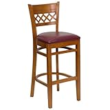 HERCULES Cherry Finished Lattice Back Wood Bar Stool - Burgundy Vinyl Seat  ....