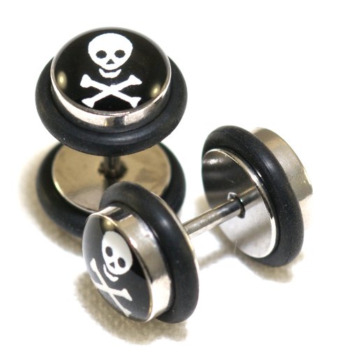0G = 8mm Skull & Cross Bones Faux Fake Cheaters Illusion Ear Plugs, 16G = 1.2mm stem, 1 Pair