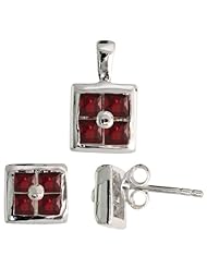 Sterling Silver Square-shaped Stud Earrings (6.5mm) & Pendant (11mm tall) Set, w/ Princess Cut Pink Ruby-colored CZ Stones