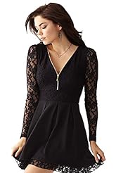 Sexy Cocktail Polyester/Spandex Pleated Sheer Lace Fit-and-Flare Skater Dress/Little Black Dress/Party Dress 