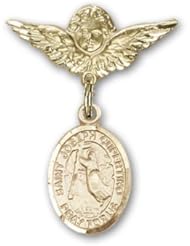 14K Gold Baby Badge with St. Joseph of Cupertino Charm and Angel with Wings Badge Pin
