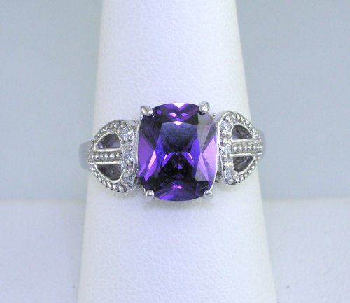 6x8MM 2 CT Cushion Shape Purple Ring Antique Look In Sterling Silver
