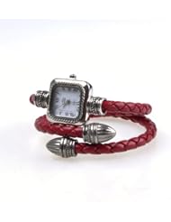 niceEshop(TM) Stylish Elegant Faux Leather Rope Knitting Women Ladies Bracelet Watch-Red&Silver