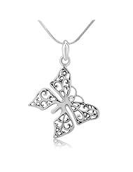 925 Sterling Silver Cubic Zirconia CZ Diamond Accent Filigree Big Butterfly Dangling Pendant with Sterling Silver Necklace Chain 18, Fashion Jewelry for Women - Nickel Free