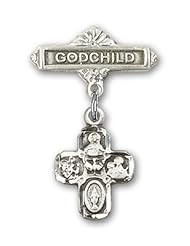 Sterling Silver Baby Badge with 4-Way Charm and Godchild Badge Pin