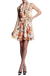  Shirred Pleated Belted Halter Sleeveless Fit-and-Flare Floral Print Cotton/Polyester  Dress With Ruffles