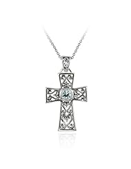 Sterling Silver Celtic Cross and Blue Topaz Center Stone Pendant Necklace with Rolo Chain, 18"