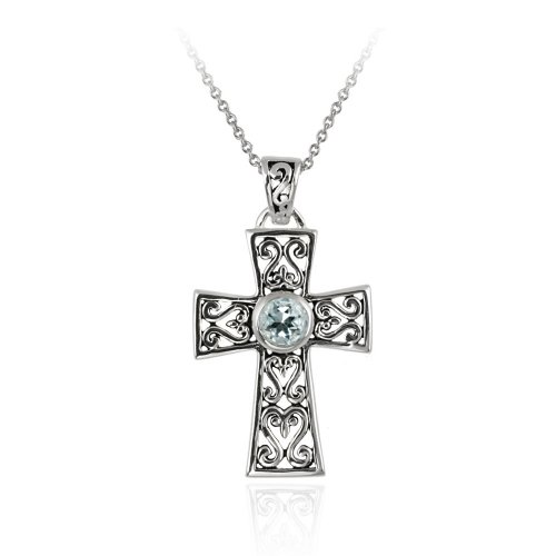 Sterling Silver Celtic Cross and Blue Topaz Center Stone Pendant with Rolo Chain, 18"