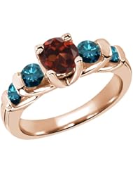 1.88 Ct Round Red Garnet Blue Diamond 18K Rose Gold Ring