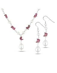 Sterling-Silver 8-9 MM Pink Freshwater Cultured Pearl and Pink-Topaz Earring and Pendant Set