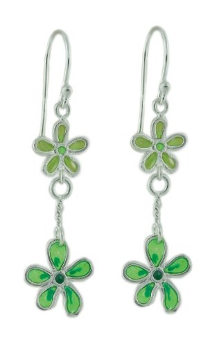 Green Enamel Double Hawaiian Flower Dangling Earrings
