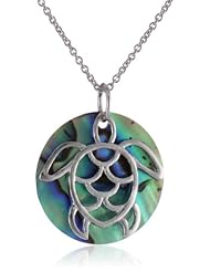 Sterling Silver Genuine Stone Disc and Turtle Pendant Necklace