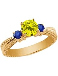 1.06 Ct Round Canary Diamond Blue Sapphire 14K Yellow Gold 3-Stone Ring