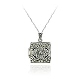 Sterling Silver Marcasite and Filigree Flower Design Square Locket Pendant