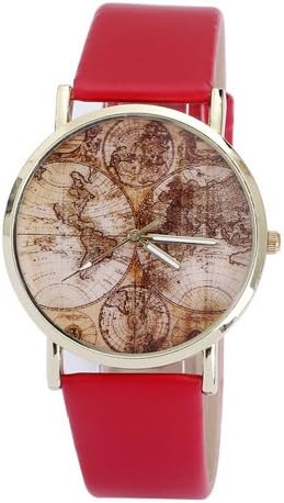 Vogue Elegant World Map Pattern Bracelet Wrist Watches Women Casual PU Leather Red