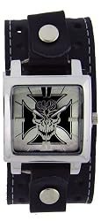 Square Design Center Cross Skull Black Leather Wide Band Trendy Fashion Design Steel Dial Gothic Punk Biker Wristband Watch