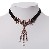 Victorian Black Suede Style Diamante Choker Necklace In Bronze Metal - 34cm Length with 5cm extension