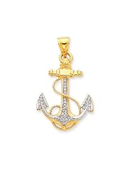 Large Diamond Anchor Pendant in 14k Yellow Gold and Rhodium