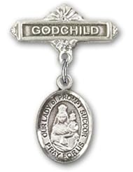 Sterling Silver Baby Badge with Our Lady of Prompt Succor Charm and Godchild Badge Pin